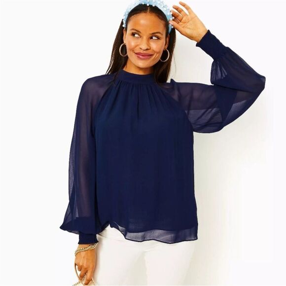 LILLY PULITZER | NEW Ellielynn Sheer Long Sleeve Navy Blue Blouse Women’s Size 2 - Picture 2 of 11